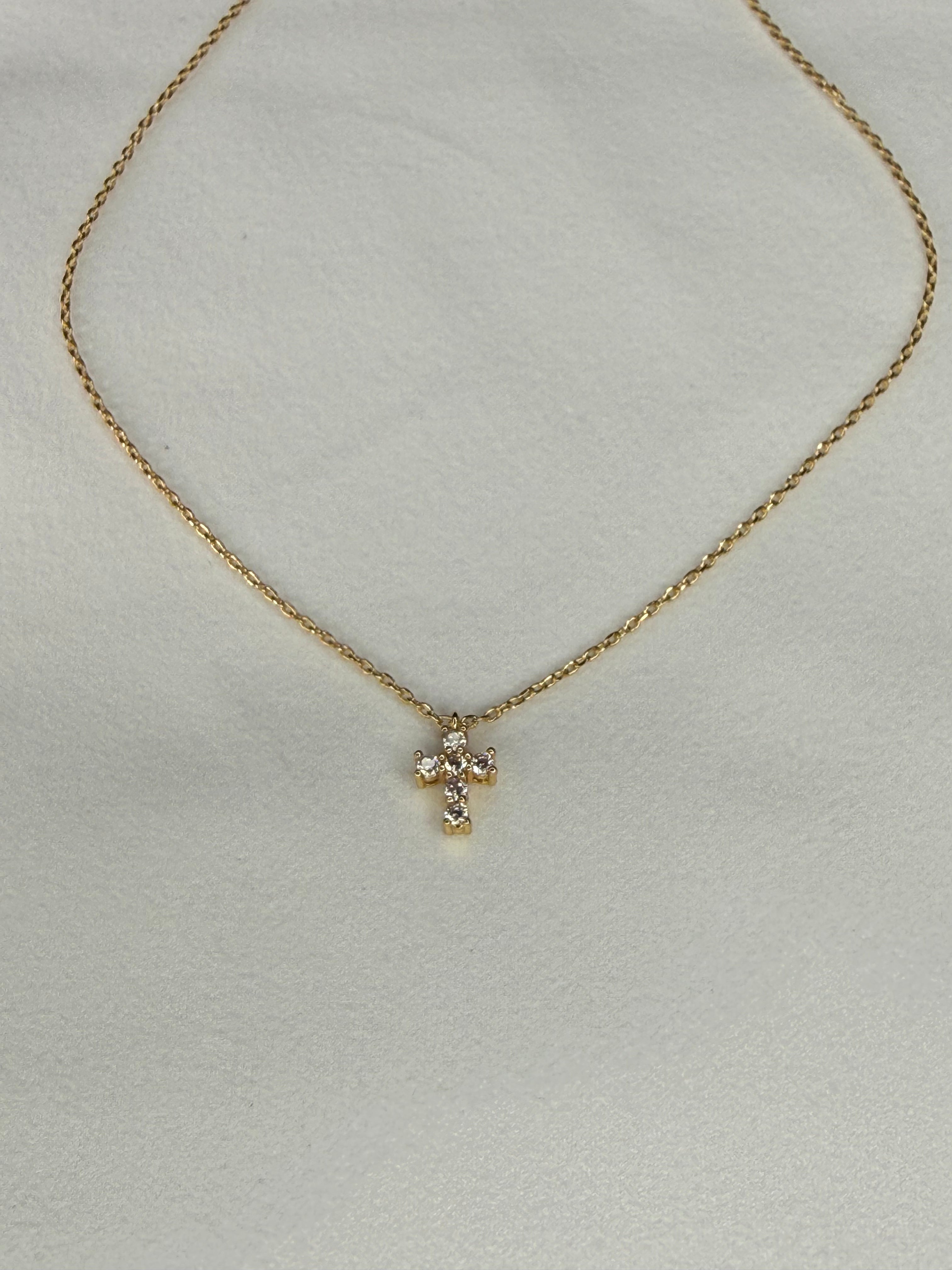 Cross Pendant Necklace - Cubic Zirconia - Gold